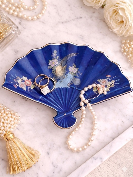 Kutani Other - Vintage Kutani Japan Cobalt Blue Floral Pheasant Porcelain Fan Trinket Dish